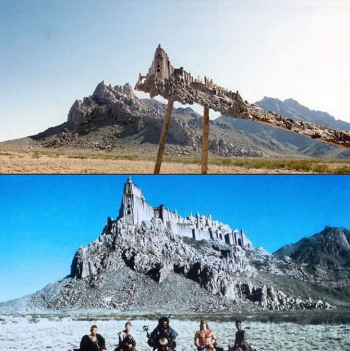 The Mountain Fortress From Conan The Destroyer (1984) Was A Physical Model Fitted To The Contours Of The Real Mountain On Set