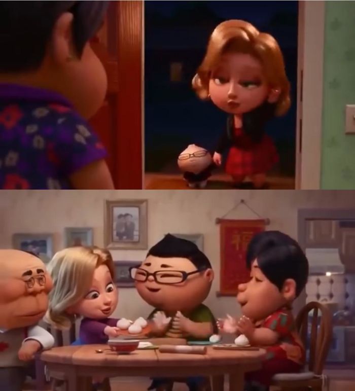 In The Pixar Short Film “Bao” (2018), The White Woman Is First Seen Dressed A Bit Immodestly And With Heavy Makeup, But Later Is Seen Dressed Modestly And With Little Makeup. This Is Meant To Juxtapose Who The Mother Saw Her As Initially vs. Who She Actually Was