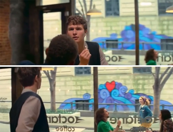 In “Baby Driver” The Moment Baby Sees Deborah At The Coffee Shop, The Graffiti Heart Across The Street Changes From Black To Red