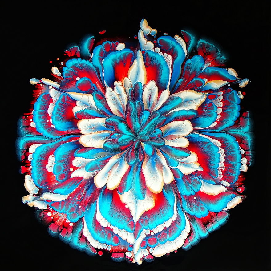 Cup Bottom Acrylic Pour Flower Painting ~ Turquoise And Red ~ Paint #withme