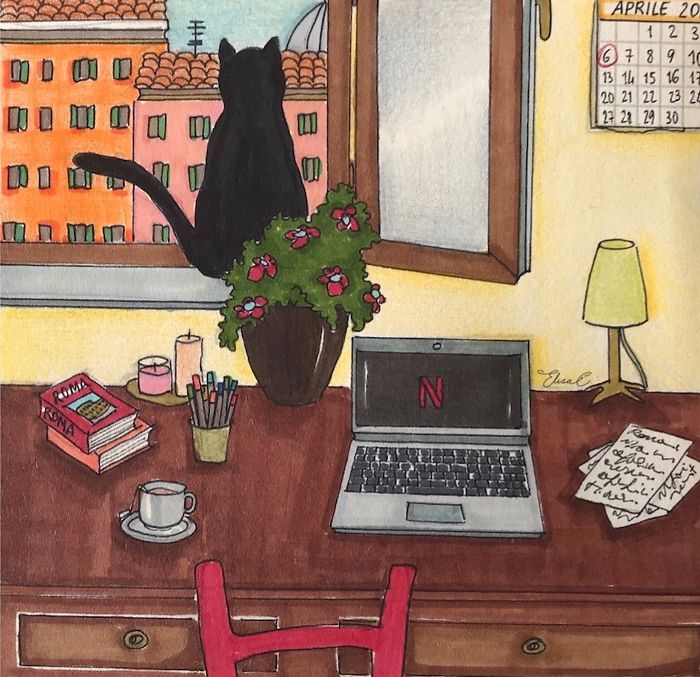 I Made An Art Project Called "The Roman Quarantine" Drawing Daily Life With My Cat During The Lockdown In Rome, Italy