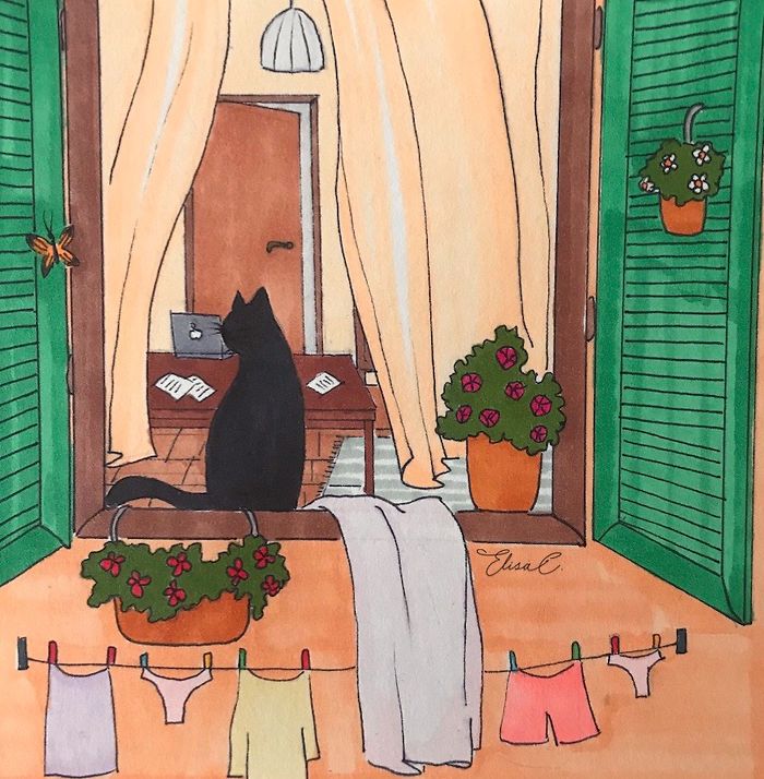 I Made An Art Project Called "The Roman Quarantine" Drawing Daily Life With My Cat During The Lockdown In Rome, Italy