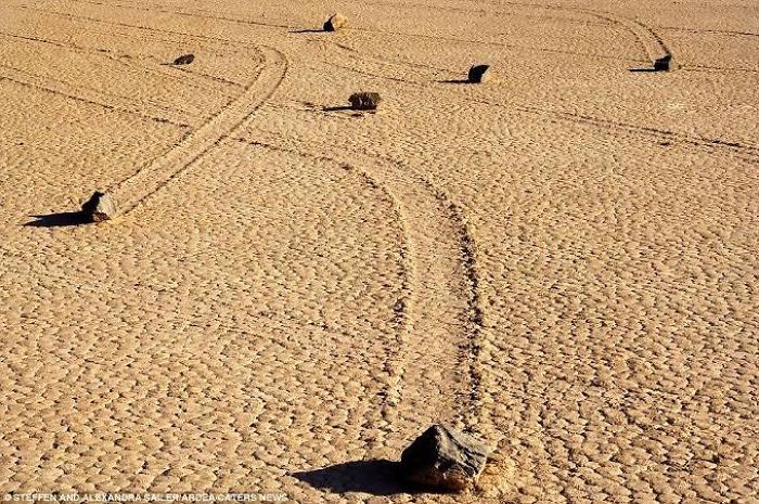 These Are Called ‘Sailing Stones’. These Stones Moved Distances Without Animal Or Human Intervention. It Stumped Scientists For Years. Now Some Believe It Is Caused By Thin Ice That When It Melts In A Light Breeze, It Moves The Rocks Along The Desert Floor