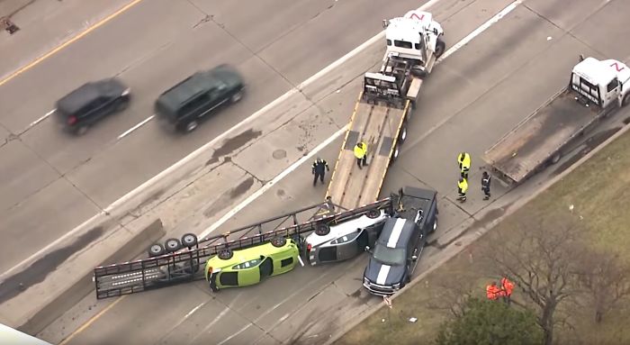 Trailer Full Of New 2020 Shelby Gt500s Tipped Over In Detroit Today.