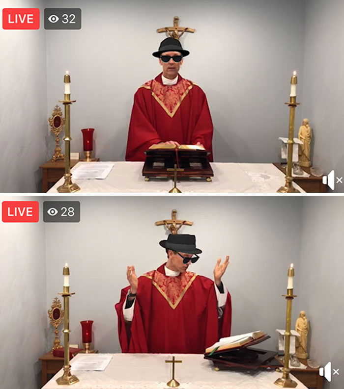Ο ιερέας κατά λάθος μάζα ζωντανής ροής με γυαλιά ηλίου και φίλτρο καπέλου