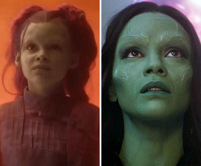 Gamora In Guardians Of The Galaxy (Played By Ariana Greenblatt As A Kid And Zoe Saldana As An Adult)