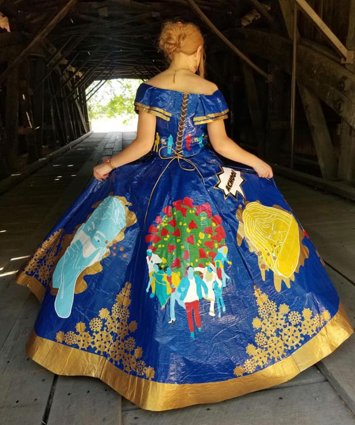 Teen Spent 400 Hours Making A COVID-Themed Prom Dress Using 750 Meters Of Colored Duct Tape For A Duck Brand Scholarship Contest