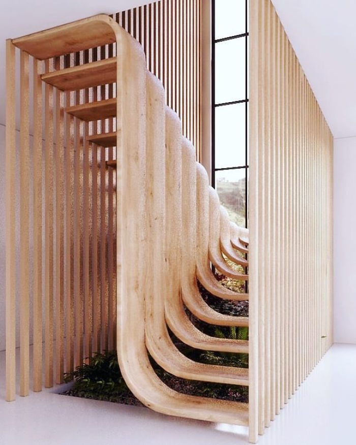 This Minimalistic Staircase Resembles A Strand Of DNA Inside Of A Two-Story Home
