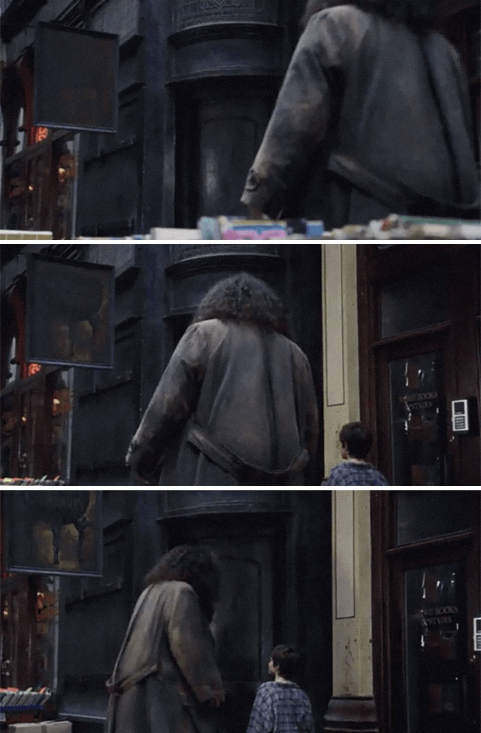 In The Sorcerer's Stone, When Hagrid Takes Harry To The Leaky Cauldron For The First Time, You Can See The Sign Become Visible As They Approach The Door — The Sign Is Hiding From Muggles On The Street