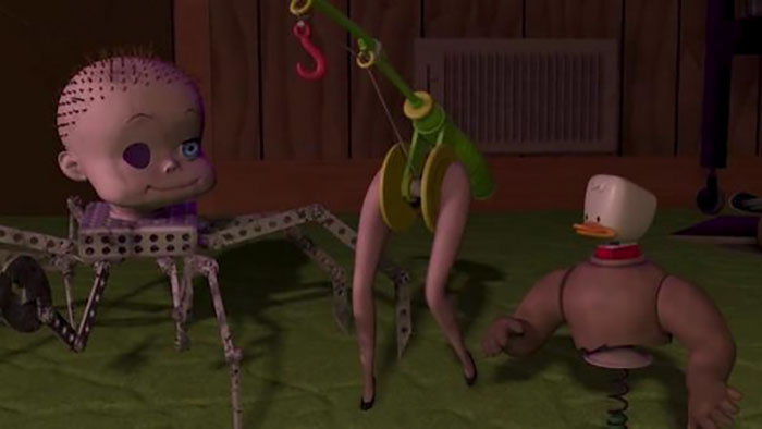 In Toy Story, Sid Builds This Toy Using A Fishing Rod And Some Doll Legs To Create A 'Hooker' Toy. This Is A Reference To The Fact That He Is A Horny Young Boy