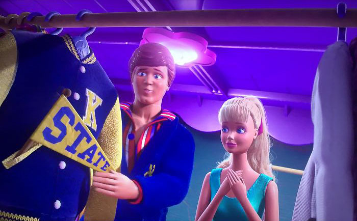 Toy Story 3 - Kent State University Nod. Michael Keaton Was The Actor Who Voiced Ken In Toy Story 3. Keaton Is Also A Proud Kent State Alumni. During This Scene, He Shows Barbie His Varsity Jacket Which Kent State School Colors, Blue And Gold