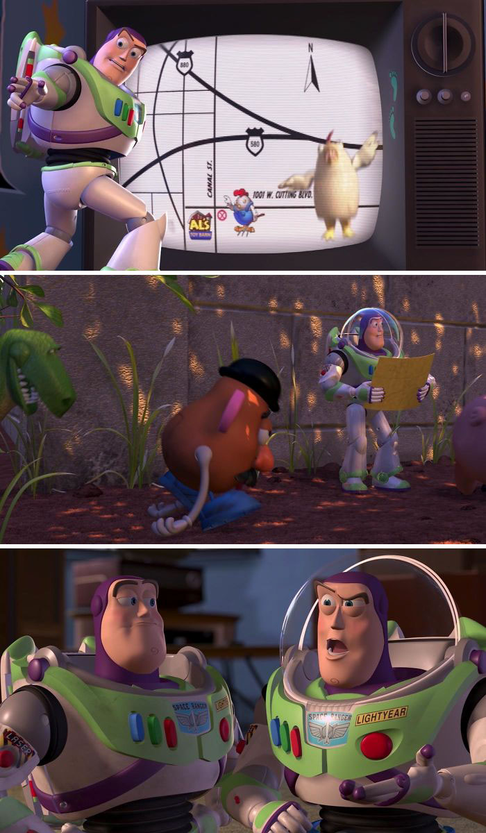 In Toy Story 2 (1999) The Toys That Travel To Al's Toy Barn Get Progressively Dirty On Their Trip. Easier To See On Buzz And Especially Compared To The Display Buzz