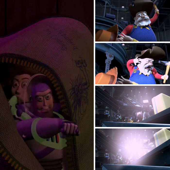 In Toy Story When Woody And Buzz First Land In Sid’s Room, Buzz Sets His Laser From Stun To Kill. Woody Sarcastically Says “Aw Great. Great! If Anyone Attacks Us, We Can Blink ‘Em To Death.” In Toy Story 2, Buzz Saves Woody From The Prospector’s Attack By Blinking The Prospector With A Camera Flash