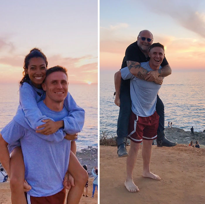  My Lady Friend Wanted A Piggy Back Picture On The Beach And A Random Biker Watching The Sunset Said He Wanted One Too