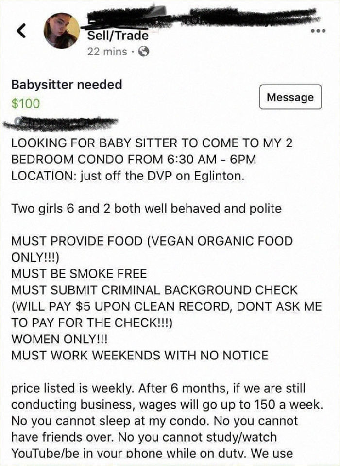 A Babysitter Ad Offering Only $100 A Week Is Going Viral For How Insane The Demands Are