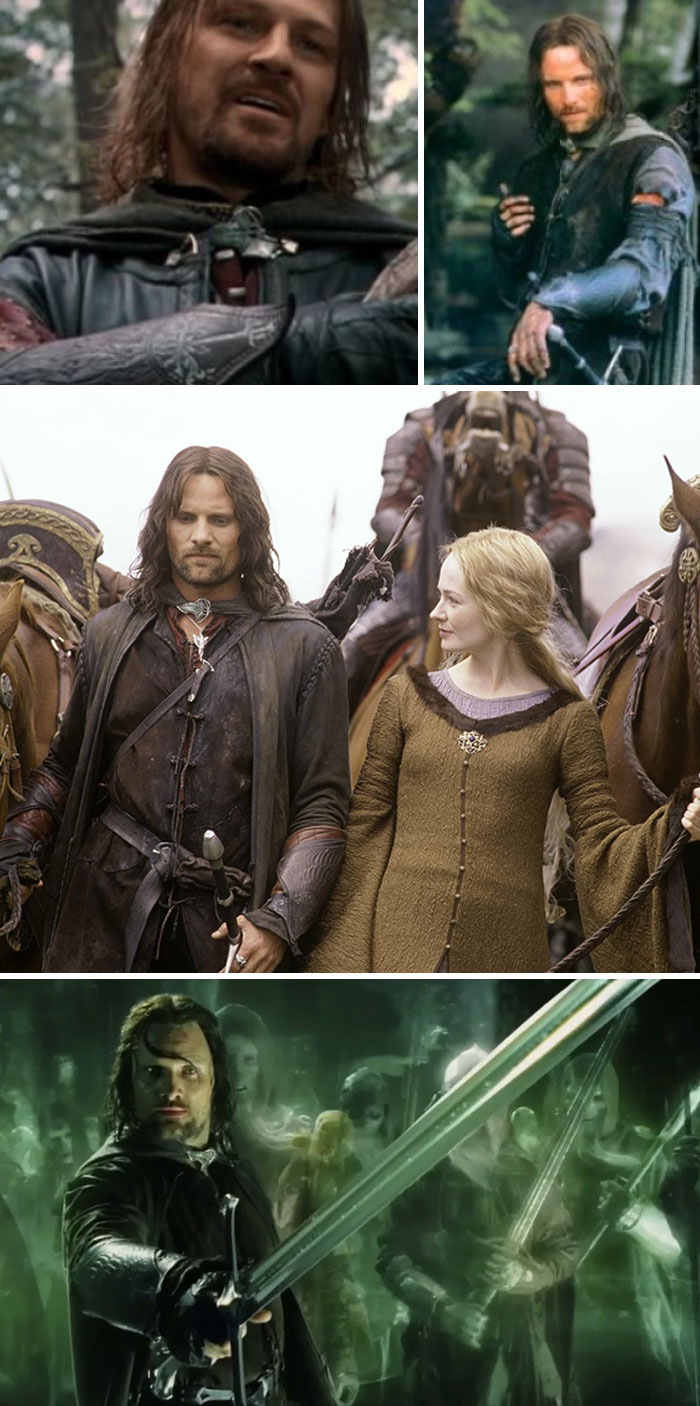 En La comunidad del anillo, tras la muerte de Boromir, Aragorn se pone sus brazaletes para honrarlo, y los lleva durante el resto de la trilogía