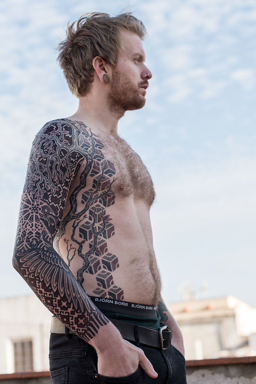 Scandinavian Epicness, This Tattoo Spans Half Of His Body, In A Mix Of Modern Art And Geometry, And Traditional Runes And Bind Runes