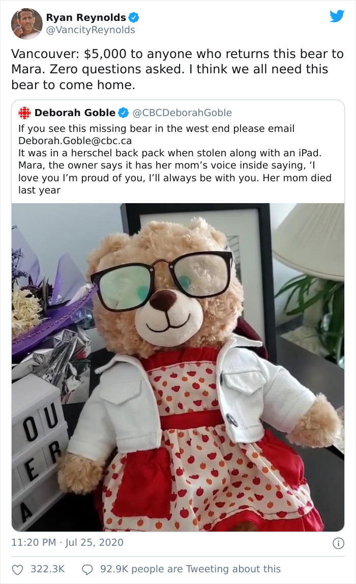Someone Stole This Woman’s Teddy Bear That Had Her Late Mother’s Voice Recording On It, Ryan Reynolds And Other People Online Step In To Help Find It (Updated)