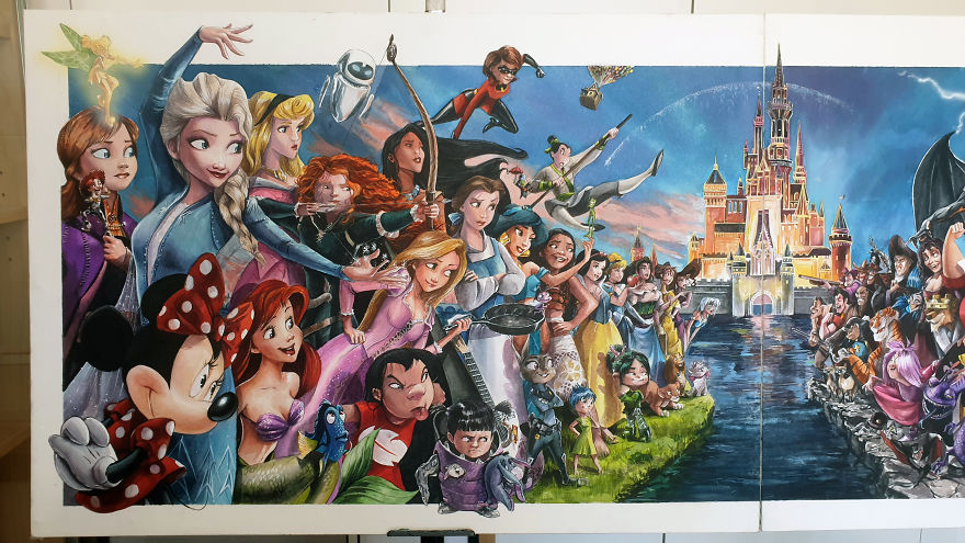 Illustrator Makes A Watercolor Disney & Pixar Composition (80 Characters/Easter Eggs)