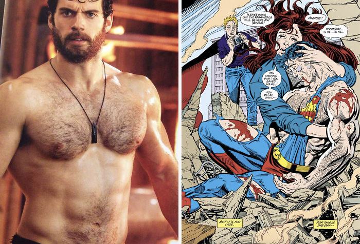 En El hombre de acero, le pidieron a Cavill que se afeitara el pecho, pero se negó porque en el cómic "La muerte de Superman", este tiene pelo en el pecho