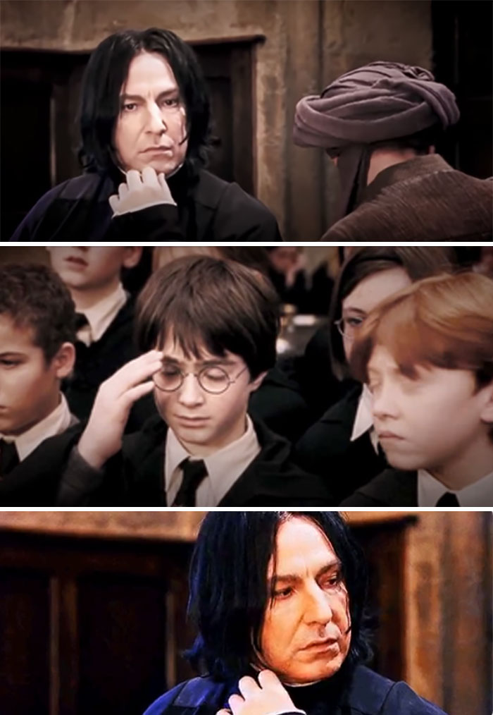 Cuando se miran por 1ª vez Snape y Harry, a este le duele la cicatriz. Pero es porque la nuca de Quirrel mira hacia él, y ahí es donde vive Voldemort. Snape se da cuenta del dolor de Harry y mira a Quirrel. Después se enfrenta a él porque sospecha que trabaja con Voldemort