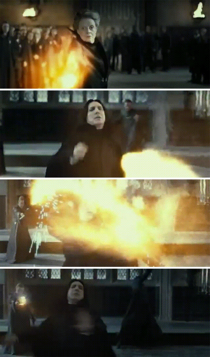 En las Reliquias de la Muerte 2, Snape sigue ayudando a la Orden del Fénix cuando redirige los hechizos de McGonagall a los mortífagos detrás de él