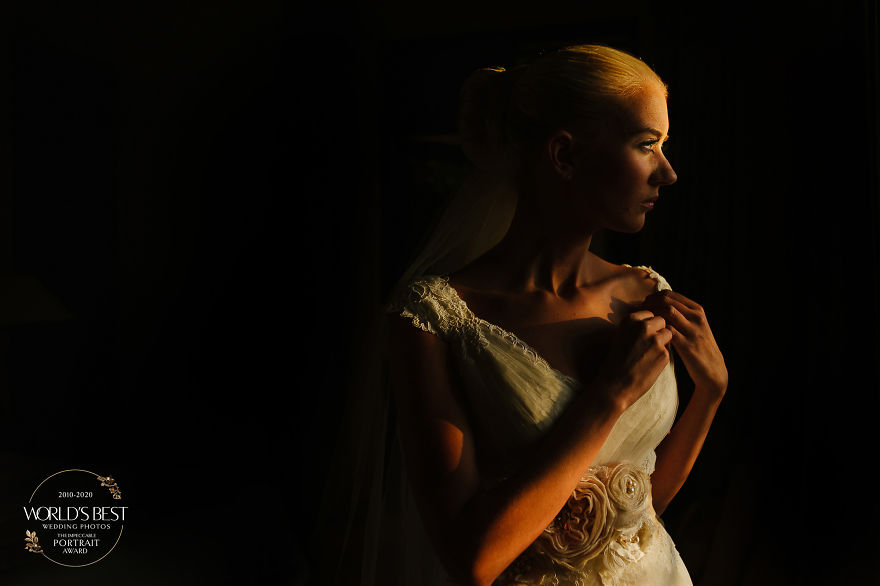 This Magical, Golden Hour Portrait Of A Bride With Bright Blue Eyes.