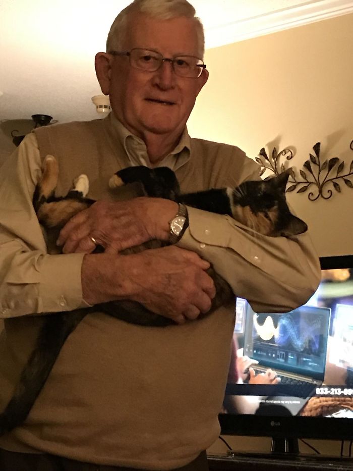 Mi padre (79 años) pasó del "no quiero a ese maldito gato" a llevarla a su cama cada noche