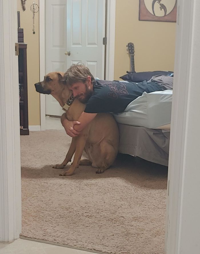Caught Him Hugging The Giant Dog He Didn't Want, He Was Also Singing The Dog His Own Personal Song