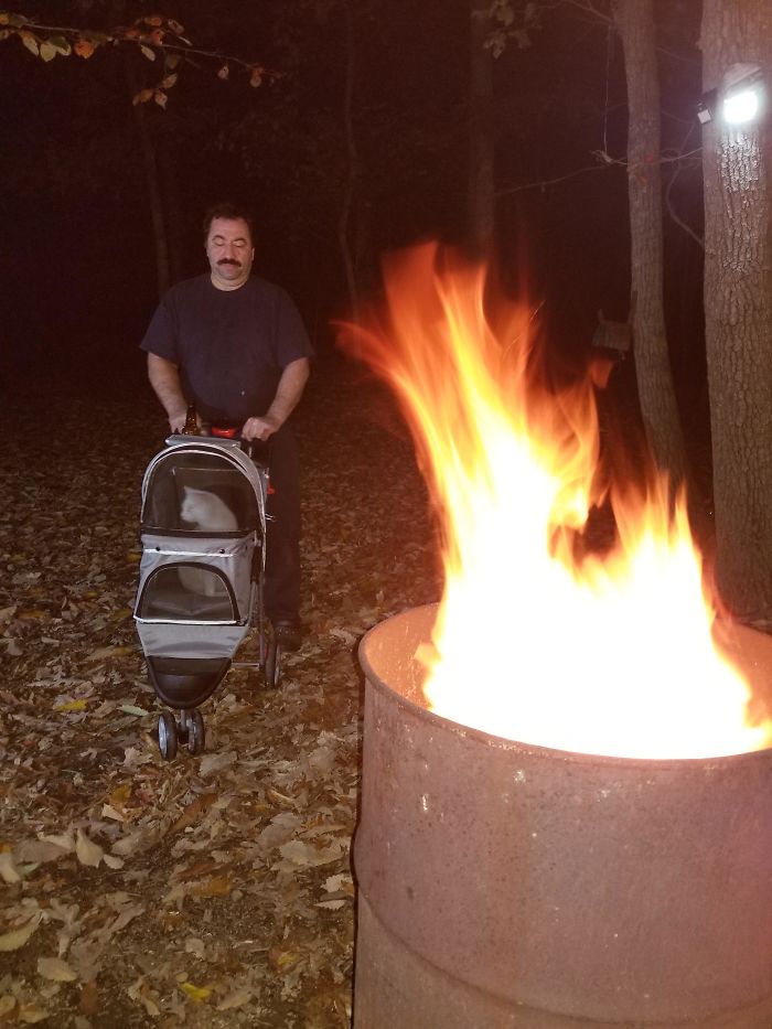 Update, Over A Year After Dad Finally Said Ok To Our (His) Cat, Here Is Big Mechanic Dad Enjoying The Fall Fire With His Little Boy