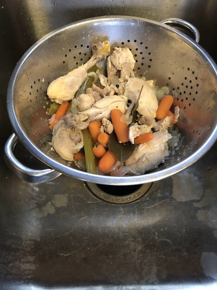 I Was Making Home Made Chicken Stock. After Simmering For Hours, The Recipe Said To Pour It Through A Strainer. God Damn It