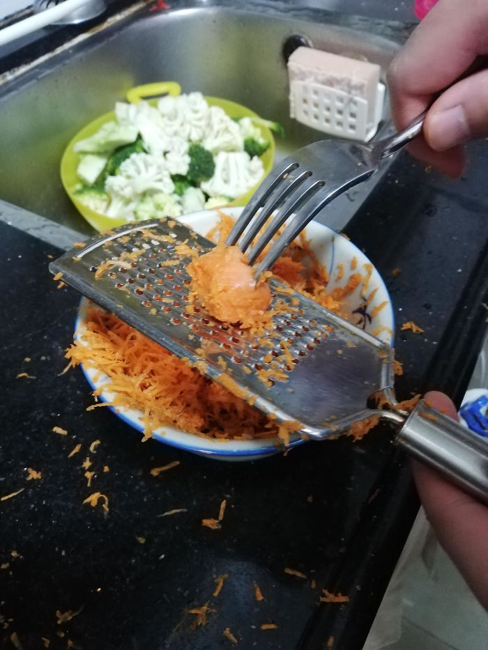 Use A Fork When Grating Last Bits Of Food To Avoid Possible Injury And To Shred Really Really Really Quickly