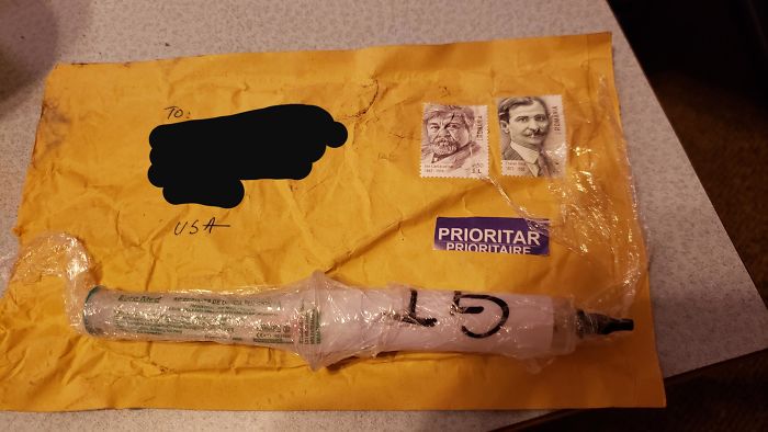 Priority Mail Addressed To My Wife At Our Exact Address From Romania. Everything Is Written In Romanian And The Letters GT Is Written On It. We Dont Even Know Anyone Outside The United States. Syringe Is Empty