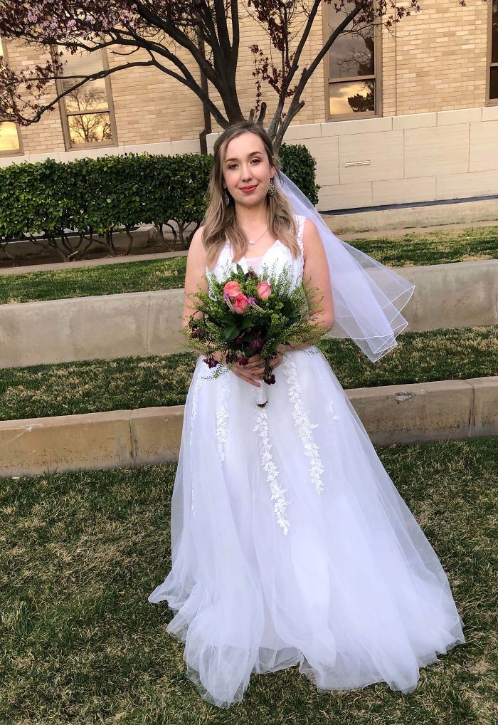 Dress From Amazon $100, Veil Also From Amazon $10, Earrings From Walmart $2, Flowers From Albertsons $25. I Think I Pulled It Off Well!!