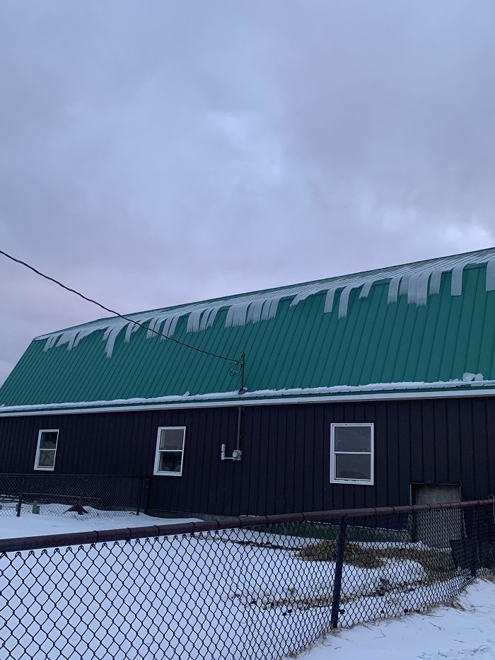 How The Ice Looks Like Scotch Tape On The Roof Of This Barn