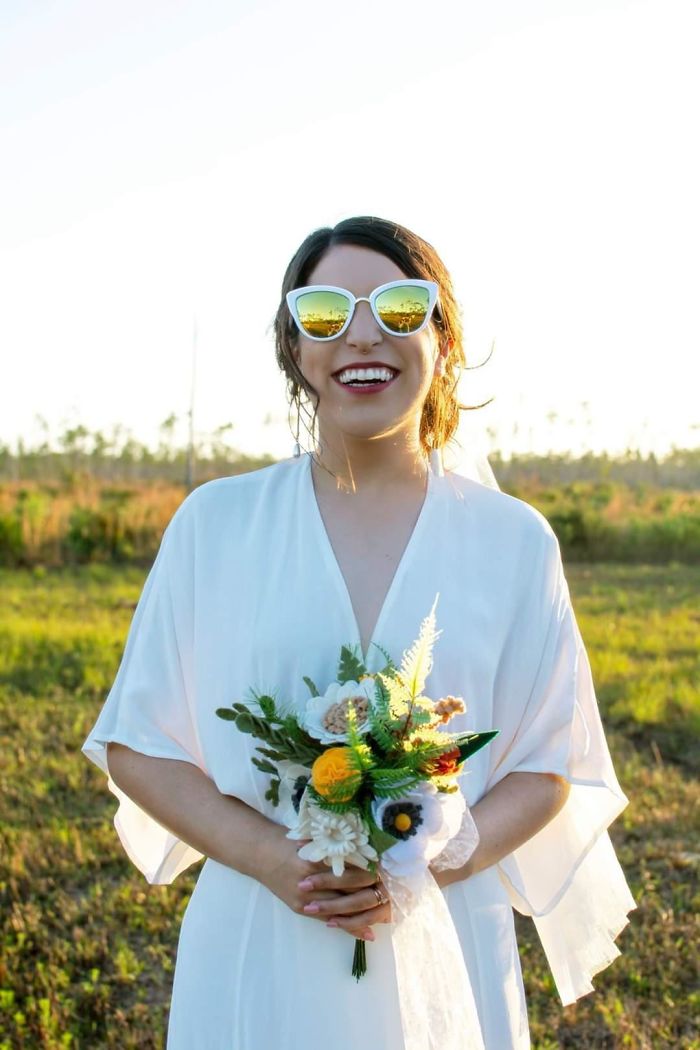 Our Wedding Was Yesterday! Dress:$250 Veil:$40 Felt Bouquet I Made: $10 Sunglasses:$10