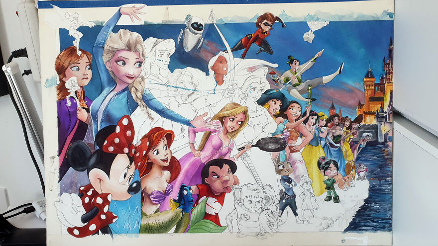 Illustrator Makes A Watercolor Disney & Pixar Composition (80 Characters/Easter Eggs)
