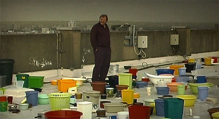 In 28 Days Later... (2002) Frank Puts Out Containers To Collect Rainwater. I Don't Think He's Going To Get Very Far With A Laundry Hamper