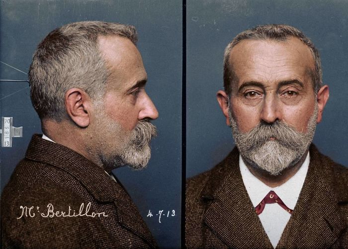 Alphonse Bertillon, In 1913, Demonstrating The Two-Part 'Mug Shot' Method Of Photographing Suspects That He Pioneered.