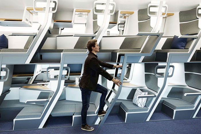 Este nuevo diseño de asientos de avión permite que los pasajeros de clase económica se tumben