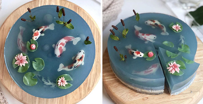 Woman Bakes Gorgeous Transparent Cake That Looks Like A Koi Pond