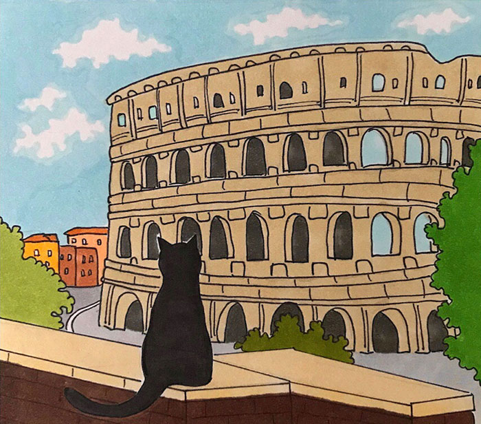 After Lockdown, I Was Happy To Explore Rome Again So I Drew These 19 Illustrations Of My Cat Walking Around The City