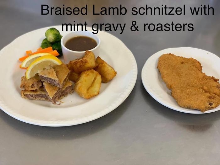 Braised Lamb Schnitzel With Mint Gravy & Roasters