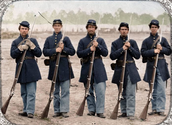 Five Soldiers, Four Unidentified (Albert L. Burgess Standing On The Far Right), In Union Uniforms Of The 6th Regiment Massachusetts Volunteer Militia Outfitted With Enfield Muskets In Front Of A Union Encampment.