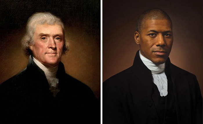 Thomas Jefferson (Iz.), 1800 y Shannon Lanier (De.) su 6 veces bisnieto