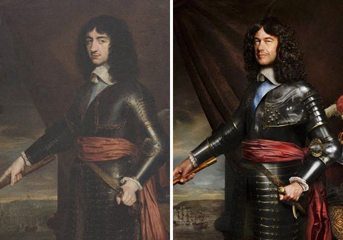 Carlos II de Inglaterra (Iz.), 1653 y Lord Charles Fitzroy (De.), su 9 veces bisnieto