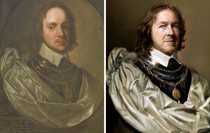 Oliver Cromwell (Iz.), 1653-1654 y Charles Bush (De.), su 8 veces bisnieto