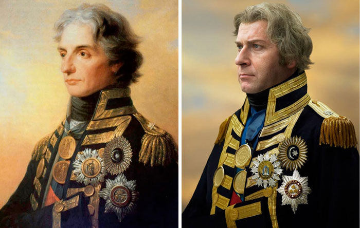 Horatio Nelson (Iz.), 1800, y William John Raglan Horatio Tribe (De.), su 3 veces bisnieto