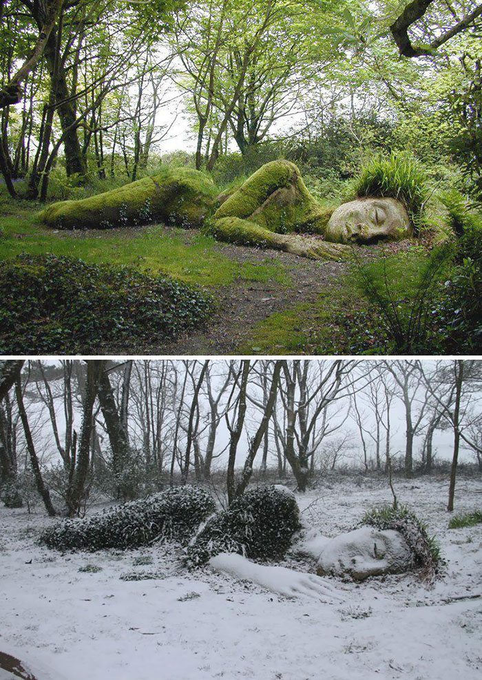 The "Mud Maid", A Living Sculpture Changing With The Seasons