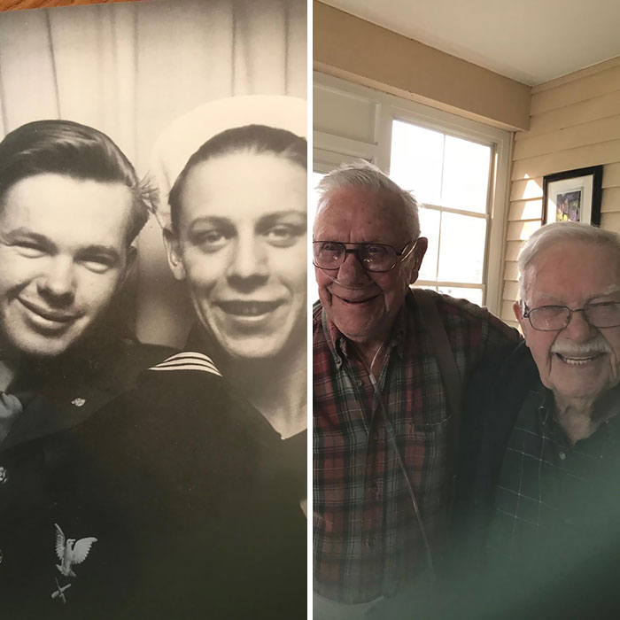 My Grandpa And His Friend Who Was Born Across The Street From Him 2 Hours After Him. Navy Picture Around 1942/43 And When They Turned 93 A Couple Of Years Ago